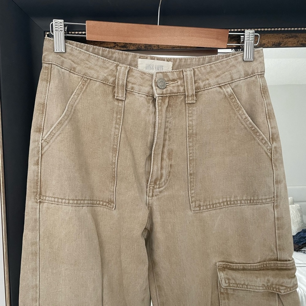 Miss Love Beige High Rise Wide Leg Cargo Jeans Utility Pants XS - Picture 3 of 4